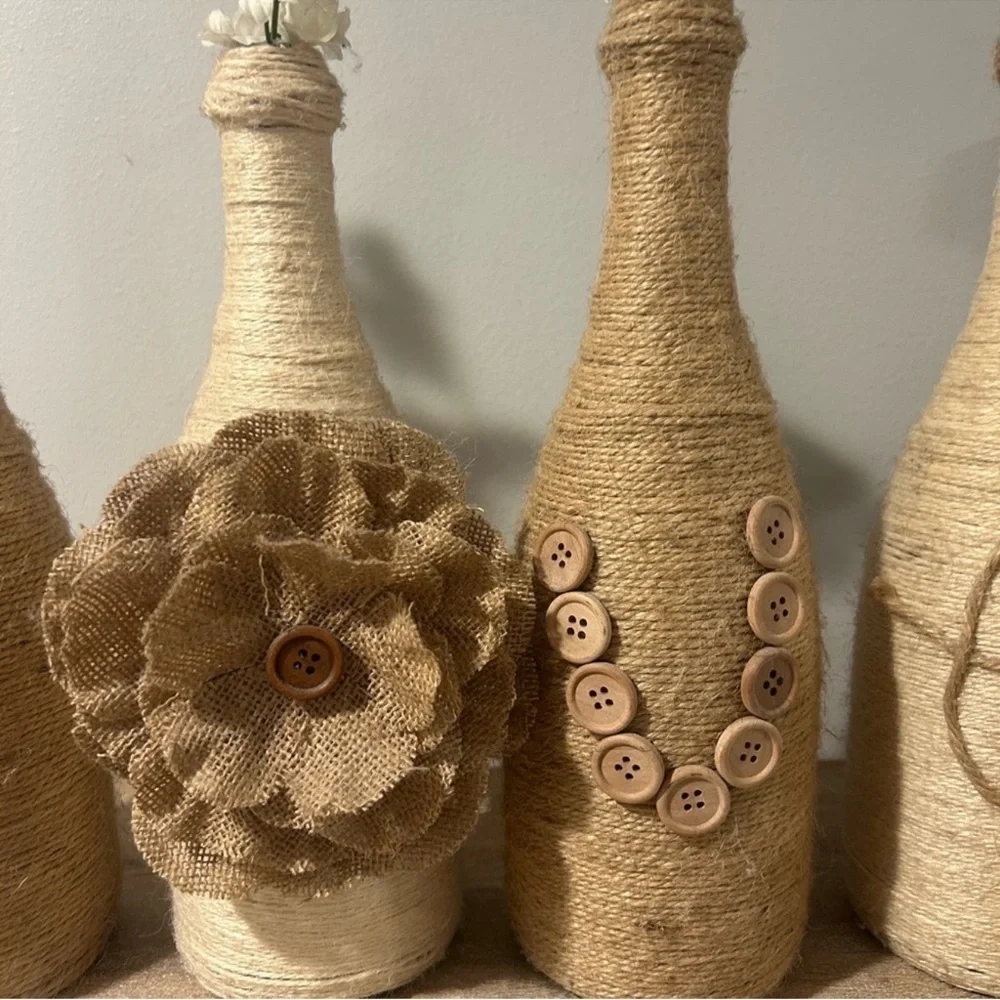 Rustic Twine Wrapped Decorative Bottles - Set of 4